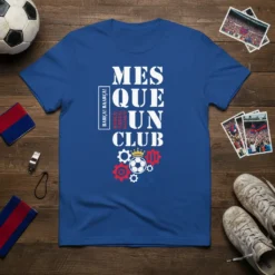 MES QUE UN CLUB t-shirt design with Barcelona football graphics and team colors