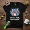 Messy Hair Don't Care quote t-shirt with a colorful, chaotic hairstyle graphic and horns