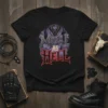 Metal As Hell t-shirt design featuring gothic typography and a demonic skull graphic