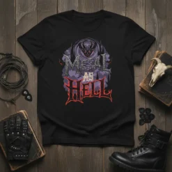 Metal As Hell t-shirt design featuring gothic typography and a demonic skull graphic