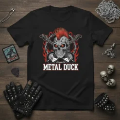 Black t-shirt with "METAL DUCK" text, featuring a punk rock skull with mohawk, crossed guitars, and flame graphics