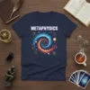 Navy blue t-shirt with the word METAPHYSICS above a colorful cosmic spiral featuring a triangle symbol and stars