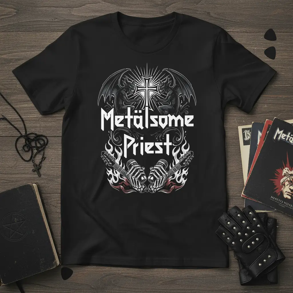 Metälsome Priest heavy metal band graphic with gothic text, cross, gargoyles, guitars, and fire elements