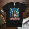 Metropolis Art Deco Cityscape T-Shirt design with a retro futuristic city skyline and a woman's face, featuring bold typography