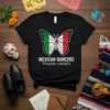 Black t-shirt featuring a butterfly design with the Mexican flag colors and text "MEXICAN DANCERS FOLKLORIC ARTISTRY"