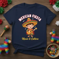 Mexican Fiesta Music & Culture T-Shirt featuring a cartoon boy in a sombrero playing guitar, with musical notes
