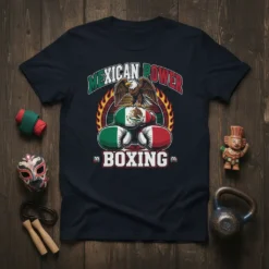 Mexican Power Boxing t-shirt design with an eagle, Mexican flag boxing gloves, and flames
