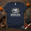 Navy t-shirt with MEXICANA EDUCATED CONFIDENT PROUD text and eagle emblem design