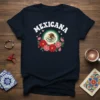 Mexicana T-Shirt with Mexican flag emblem, surrounded by red and pink flowers, white text "MEXICANA" above