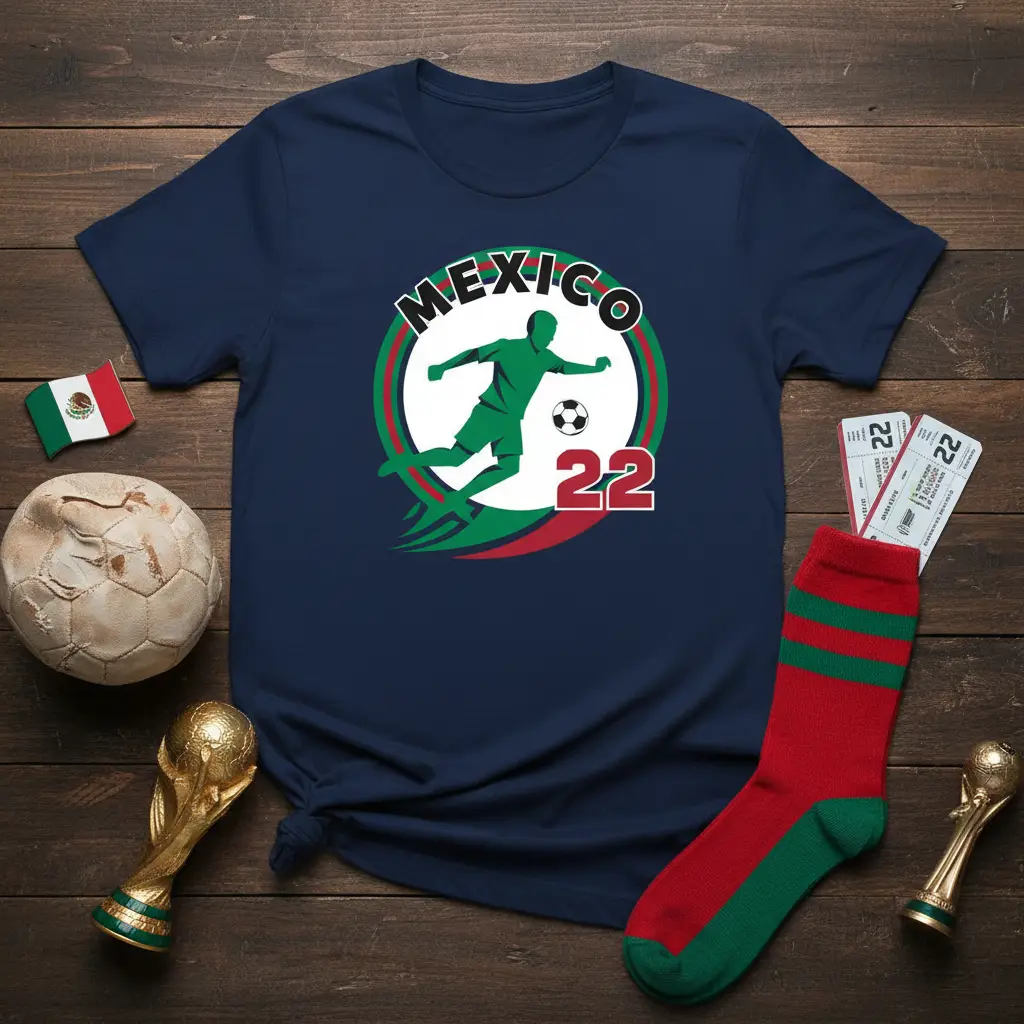 Mexico 22 soccer design with player silhouette and national colors on a navy t-shirt