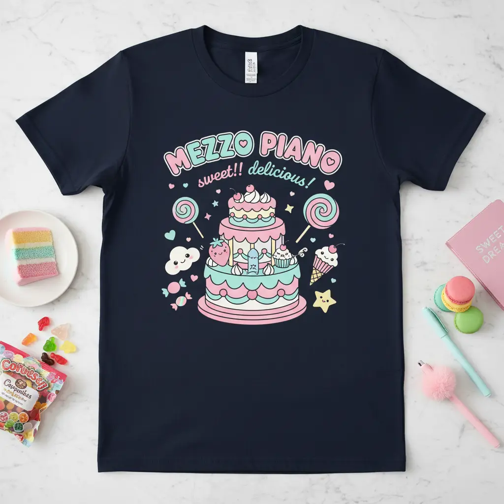 Mezzo Piano Sweet Delicious text and illustration of a cute, colorful three-tiered cake with lollipops and candies