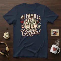 Mi Familia Es Todo Corillo! text with Puerto Rican flag and vinyl record graphic on navy t-shirt