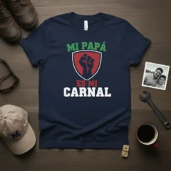 Mi Papá Es Mi Carnal T-Shirt with a raised fist emblem and Spanish father-son quote