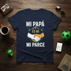 Navy t-shirt with white text "MI PAPÁ ES MI MI PARCE" and a graphic of two hands shaking, symbolizing father