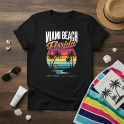 Miami Beach Florida text above a retro sunset with palm trees and a lifeguard stand on a black t-shirt