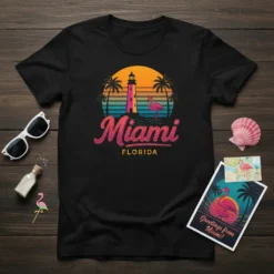 Miami Florida t-shirt design with retro sunset, lighthouse, palm trees, and a pink flamingo