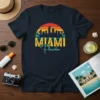 Miami Florida retro sunset skyline t-shirt design with palm trees and city silhouette
