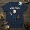 Michael Meowers t-shirt design featuring a cat dressed as Michael Myers holding a bloody knife