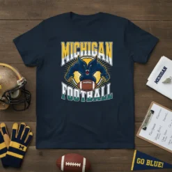 Michigan Football t-shirt design with mascot and team name, maize and blue colors