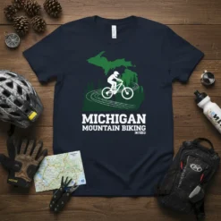Michigan Mountain Biking t-shirt design featuring a cyclist on a trail within the Michigan state outline
