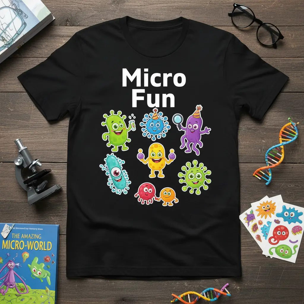 Micro Fun text above a playful arrangement of colorful cartoon microbes and bacteria on a black t-shirt