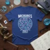 Blue t-shirt featuring "Microbes Unseen World Biodiversity" text with a circular graphic of various microorganisms