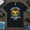 Middle School Level Complete 2021 t-shirt design with a golden trophy, graduation cap, and video game controllers against a retro
