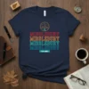 Navy blue t-shirt with "MIDDLEBURY EST. 1800" in colorful retro font, featuring a circular mountain and house graphic
