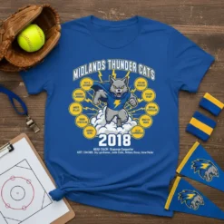 Midlands Thunder Cats 2018 team t-shirt with player names, mascot cat graphic, and coaching staff details