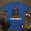 Midnight Maulers Est 1986 punk cat wearing leather jacket and red bandana on a blue t-shirt graphic