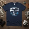 Navy t-shirt featuring a white lighthouse graphic with "MIDWEST COAST" text, representing the Great Lakes region
