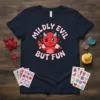Mildly Evil But Fun t-shirt with a cute red devil character holding a pitchfork and pink text