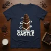Milk Chocolate Castle text design with a stacked chocolate tower graphic on a navy t-shirt