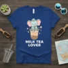 Cute elephant enjoying milk tea with boba, text "Milk Tea Lover" on a blue t-shirt