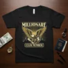 Black t-shirt with gold "MILLIONARF CLUB MEMBER" text and an eagle graphic holding a scroll and shield with a dollar