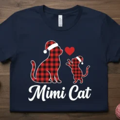 Mimi Cat t-shirt with two plaid cats wearing Santa hats and a red heart graphic