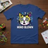 Mind Blown cat graphic tee with swirling eyes and question mark, featuring bold text "MIND BLOWN"