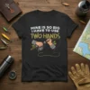 Mine Is So Big I Have To Use Two Hands fishing quote t-shirt with illustration of hands holding a fishing