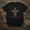 Black t-shirt with a colorful MINGO totem pole design, featuring indigenous tribal art and stylized animals