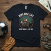 T-shirt featuring "MINI BIKE LIFE RIDE SMALL, LIVE BIG" text and an illustration of an orange mini bike