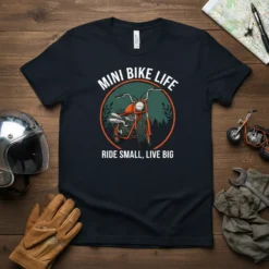 T-shirt featuring "MINI BIKE LIFE RIDE SMALL, LIVE BIG" text and an illustration of an orange mini bike