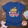 Blue t-shirt with "MINI PRINCESS" text and a golden crown graphic, surrounded by colorful polka dots