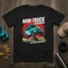 Mini Truck Madness graphic t-shirt design featuring a teal off-road truck jumping over a dirt mound with a red sunburst