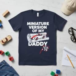 Miniature Version Of My Daddy text with a racing car graphic and checkered flag on a navy t-shirt
