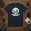 Minimalism Less Stuff, More Freedom quote t-shirt with camping and book graphic