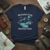 Minimalist Living Maximum Views t-shirt with mountains, lake, and camper graphic
