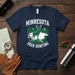 Minnesota Deer Hunting t-shirt design with a standing deer, pine trees, and water