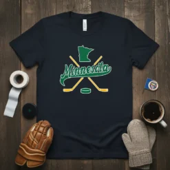 Minnesota Hockey T-Shirt design featuring the state outline, crossed hockey sticks, and the word Minnesota in green script