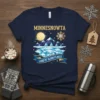 Minnesota Land of 10,000 Flakes t-shirt design featuring mountains, moon, and snowflakes