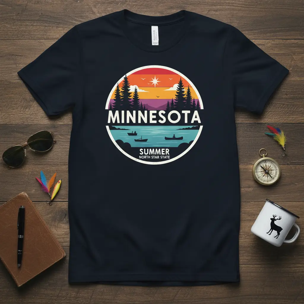Minnesota Summer North Star State circular graphic tee design with lake, canoes, and sunset